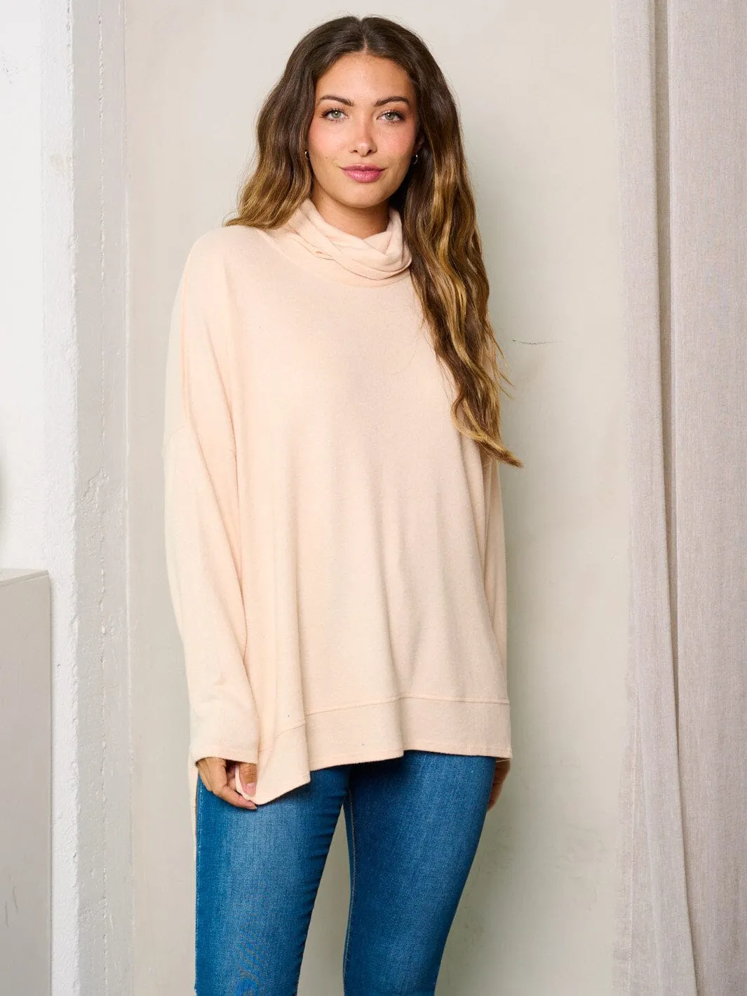 WOMEN'S LONG SLEEVE MOCK NECK HIGH-LOW TUNIC TOP