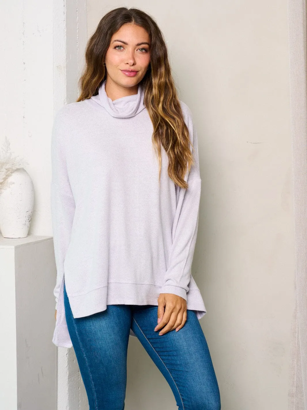 WOMEN'S LONG SLEEVE MOCK NECK HIGH-LOW TUNIC TOP