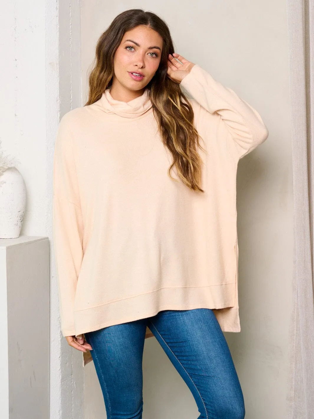 WOMEN'S LONG SLEEVE MOCK NECK HIGH-LOW TUNIC TOP