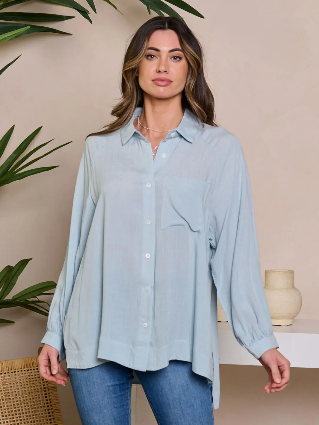 WOMEN'S LONG SLEEVE V-NECK BUTTON UP HIGH-LOW BLOUSE TOP
