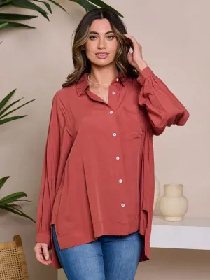 WOMEN'S LONG SLEEVE V-NECK BUTTON UP HIGH-LOW BLOUSE TOP