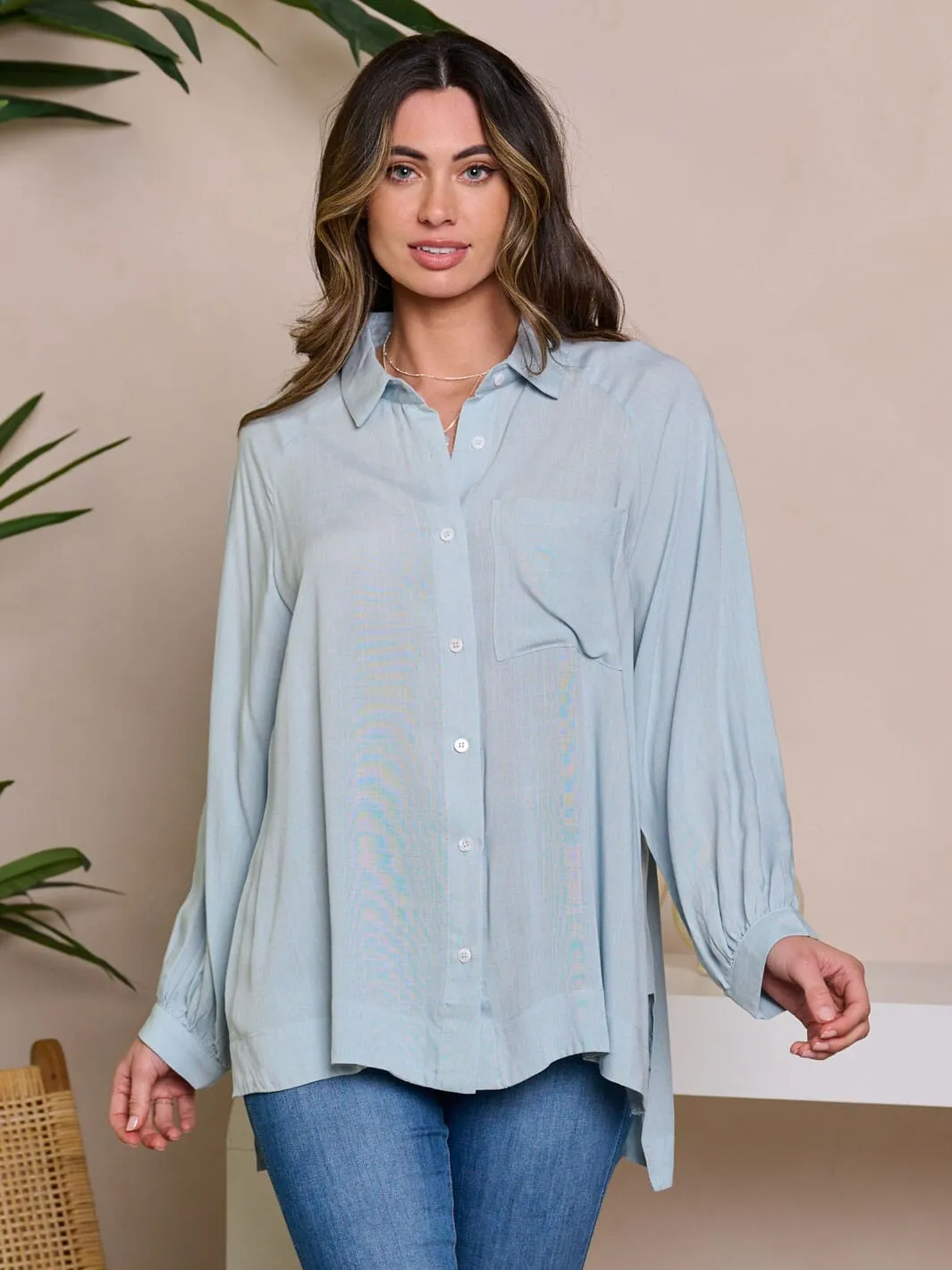 WOMEN'S LONG SLEEVE V-NECK BUTTON UP HIGH-LOW BLOUSE TOP