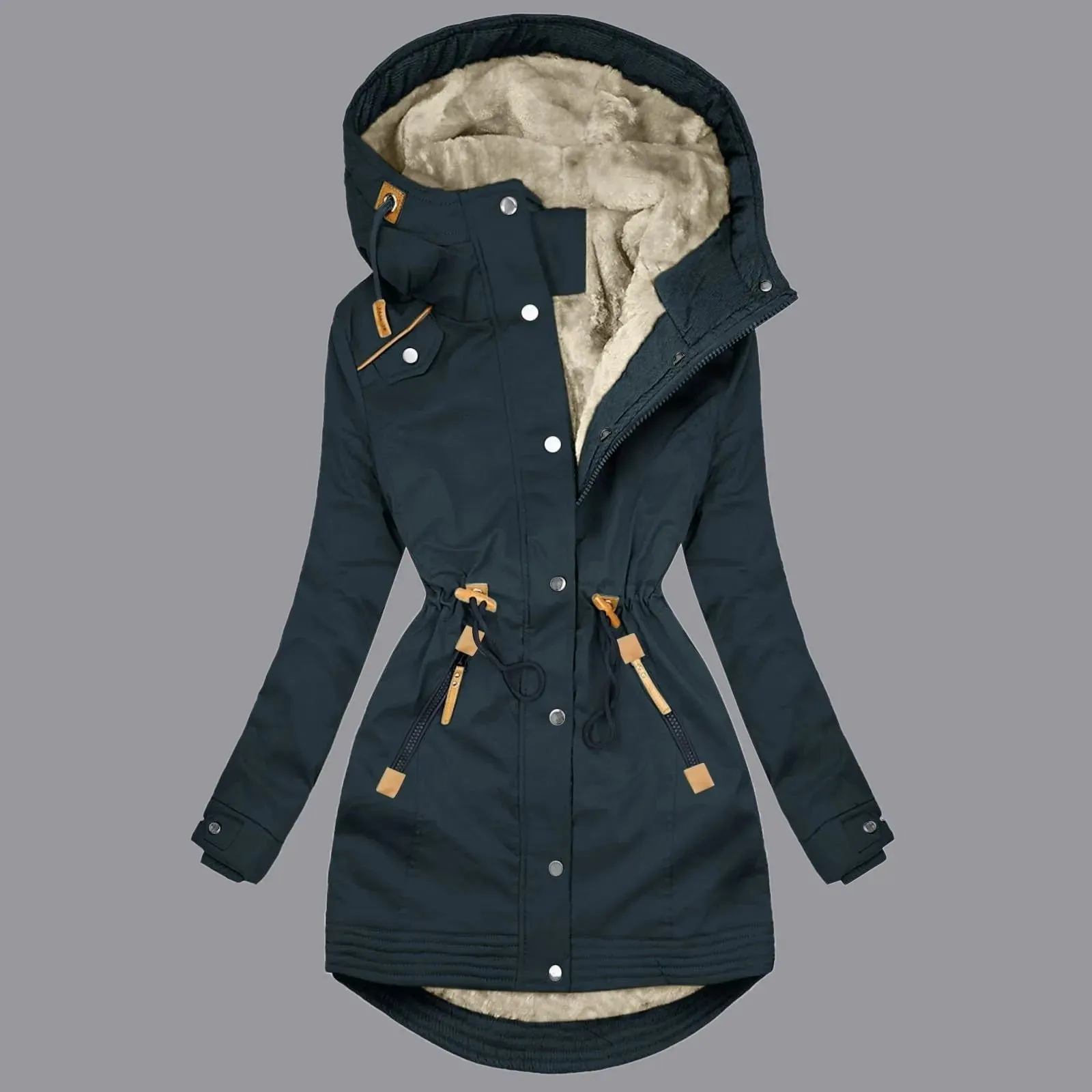 Womens Rain Jacket With Hood Causal Fleece Lined Raincoat Trendy Long Sleeve Trench Coats Windproof Outwear Casual Loose Jacket