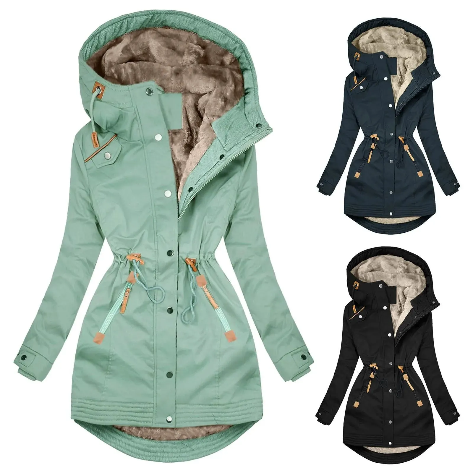 Womens Rain Jacket With Hood Causal Fleece Lined Raincoat Trendy Long Sleeve Trench Coats Windproof Outwear Casual Loose Jacket
