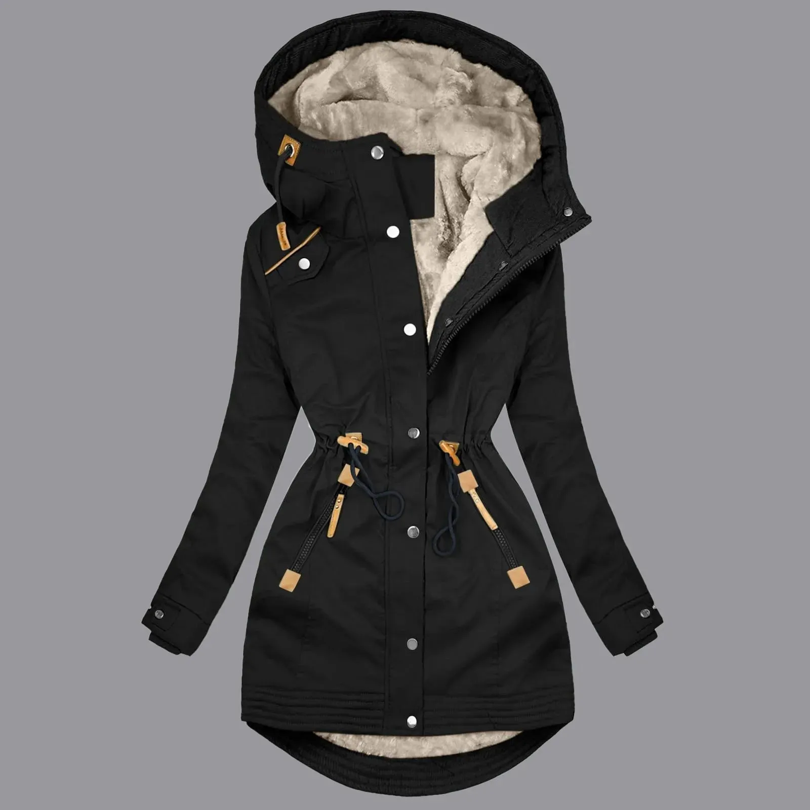 Womens Rain Jacket With Hood Causal Fleece Lined Raincoat Trendy Long Sleeve Trench Coats Windproof Outwear Casual Loose Jacket
